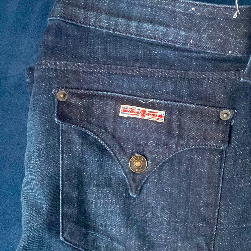 HUDSON JEANS WORN ONCE, DARK BLUE WITH DISTRESSED THIGHS.